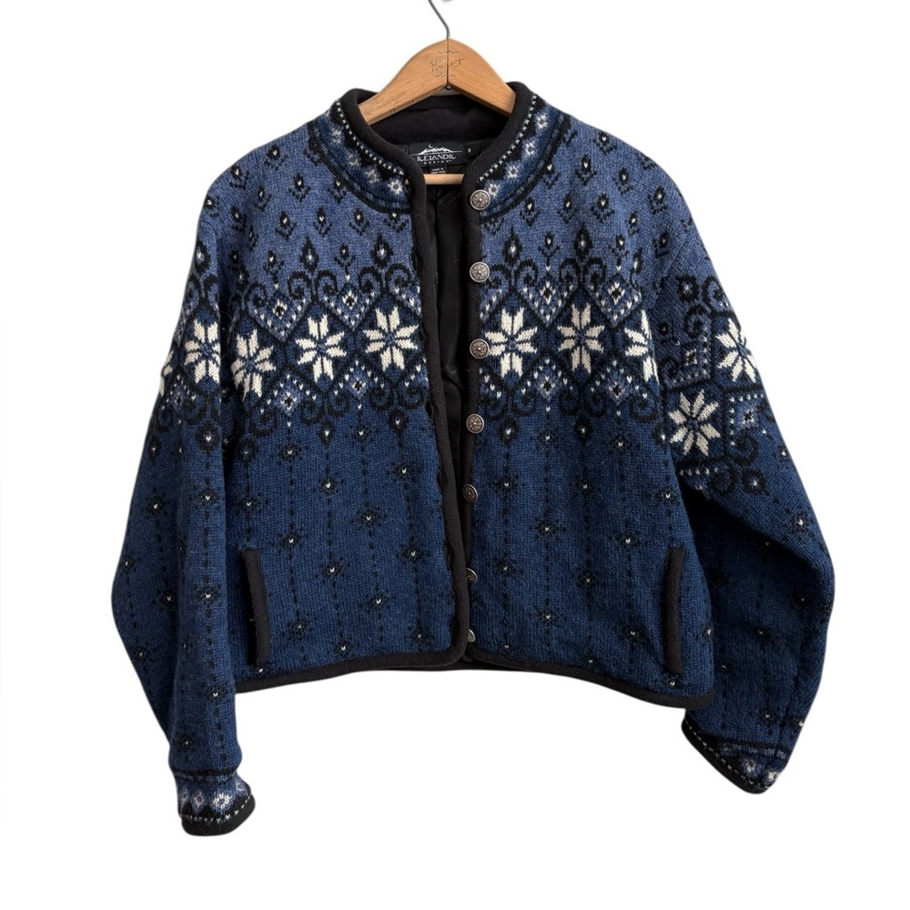 Icelandic Design Nordic Wool Cardigan Jacket – Snowflake Fair Isle Size Medium